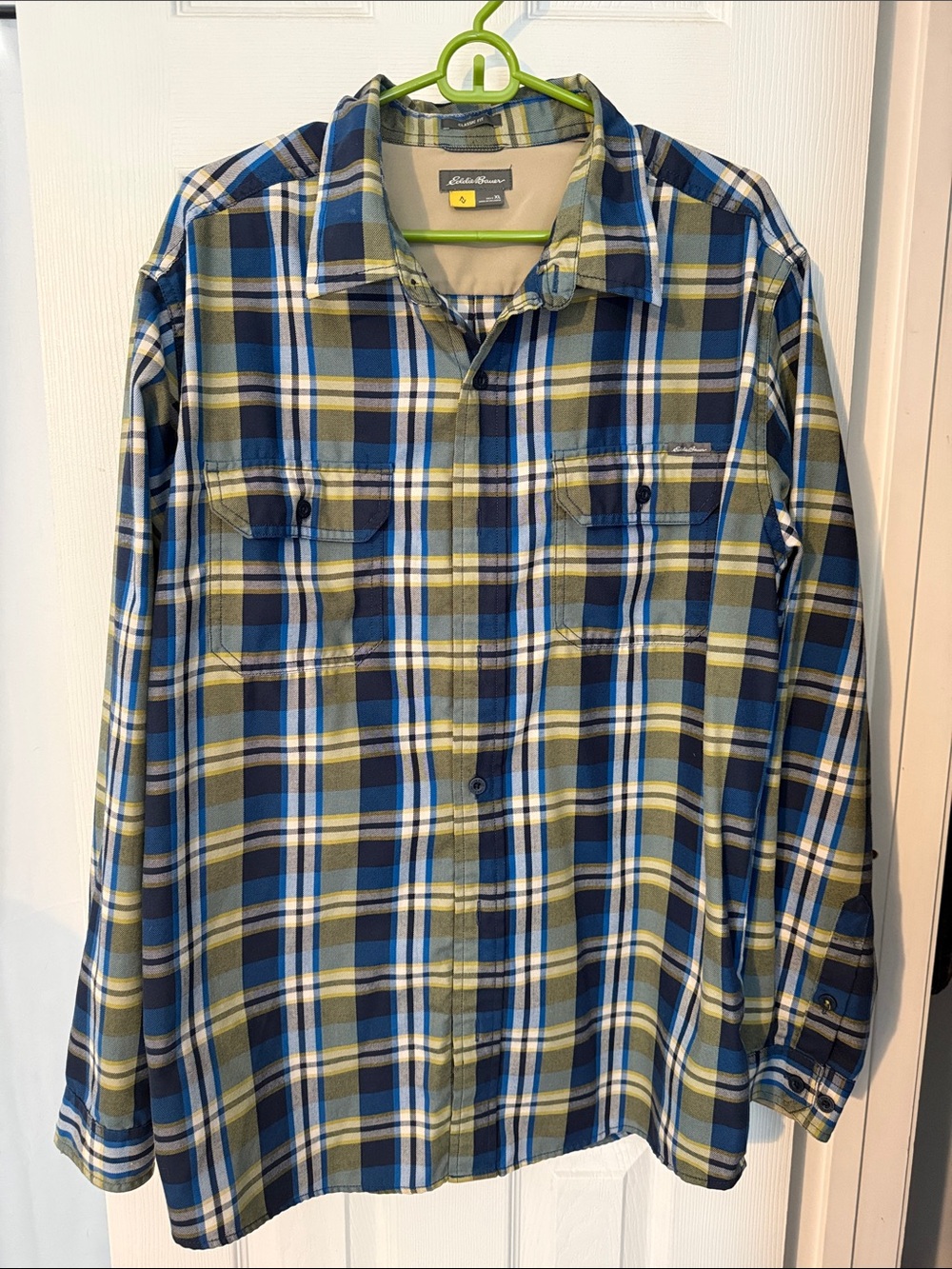 Eddie Bauer Olive & Blue Plaid Long-Sleeve Button-Down Shirt